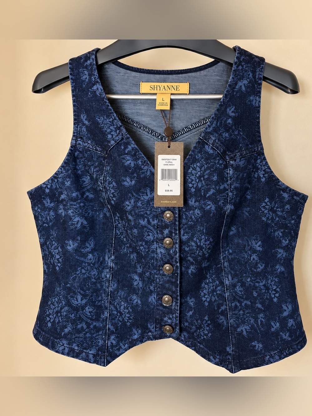 NWT- Shyanne Floral Dark Wash Denim Vest – Size Large – NWT